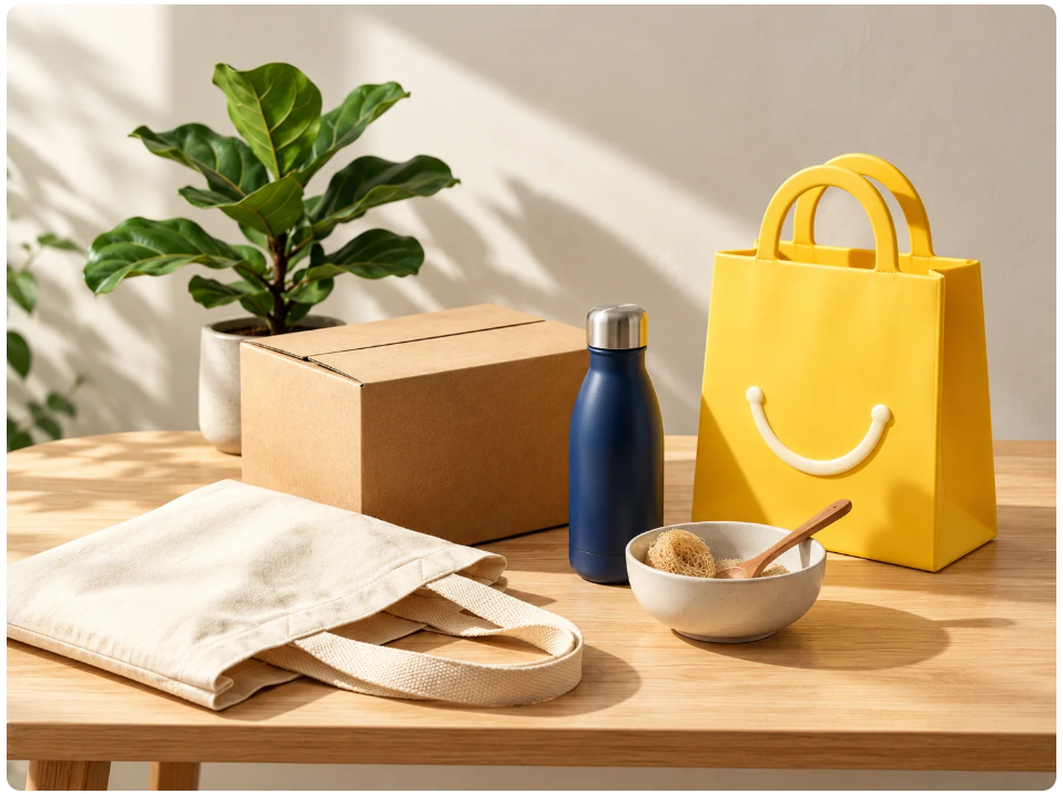 Productos sobre una mesa de madera con bolsa amarilla sonriente de 2easy